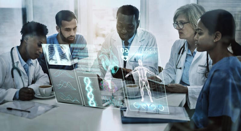 doctors in meeting with 3d holographic overlay for anatomy research